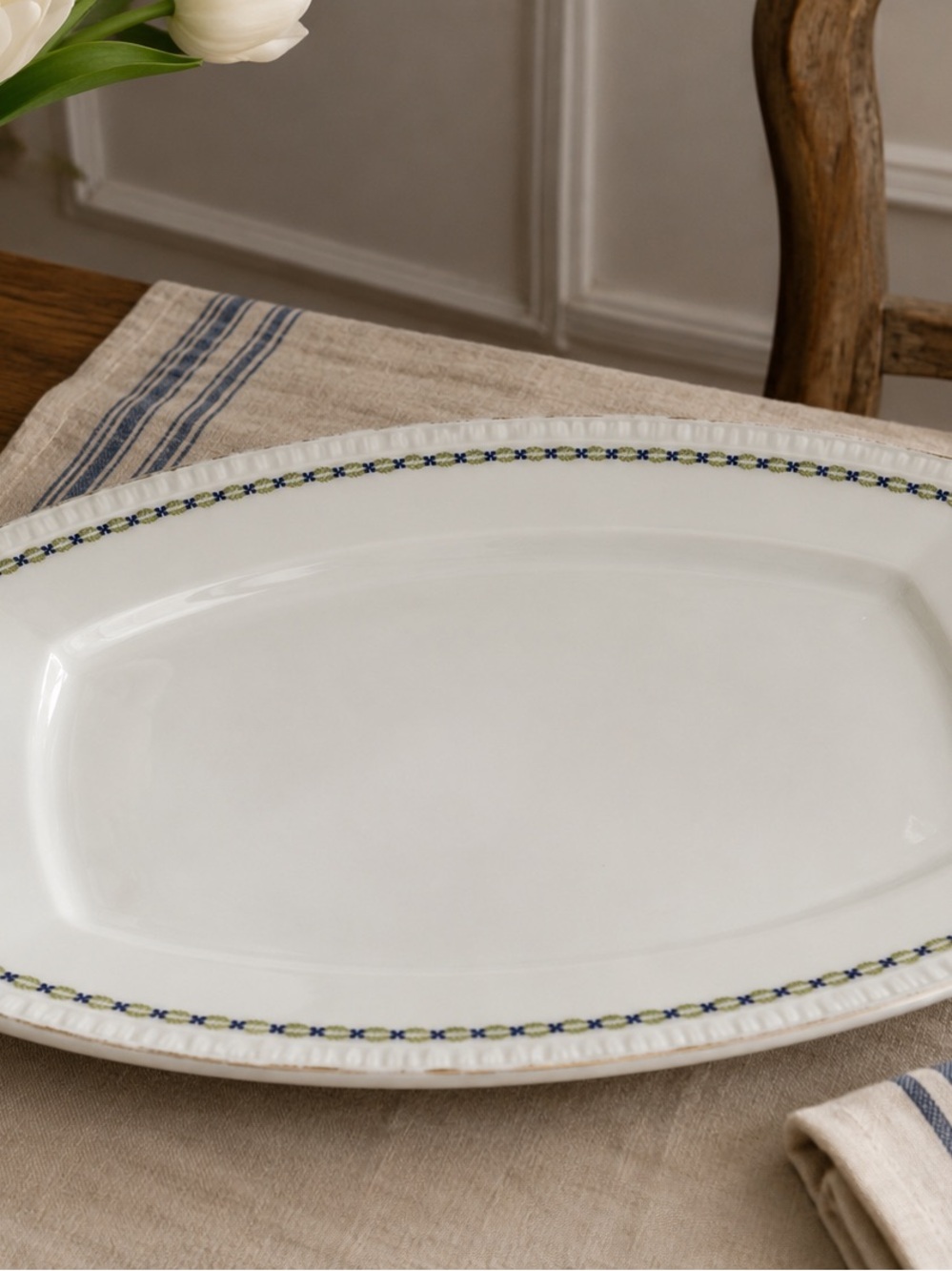 Antique Hermann Ohme‎ Silesia 15" Glazed White Porcelain Platter Fig Leaf Border